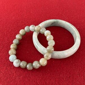 Jade Bangle Bracelet and Jade stretch bracelet. Various shades of green in both